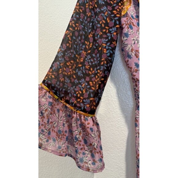 SUI By Anna Sui Size XS Falling Leaves Floral Print Blouse Peasant Sheer Boho - Picture 6 of 8